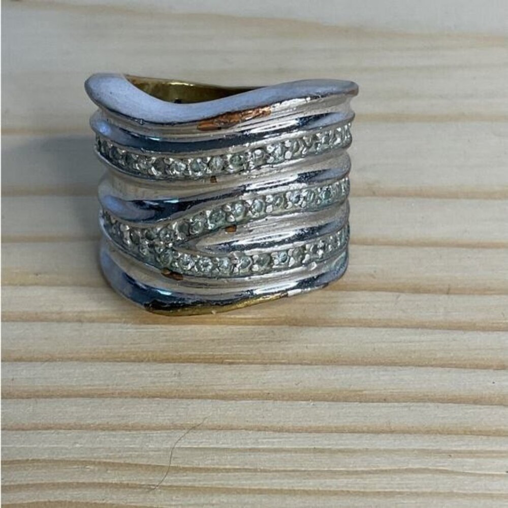 Lia Sophia Signed Silver Tone Rhinestone Wide Ring